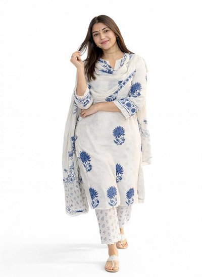 Women's Hand Block Floral Printed Straight Kurta Set with Palazzo Pants & Dupatta